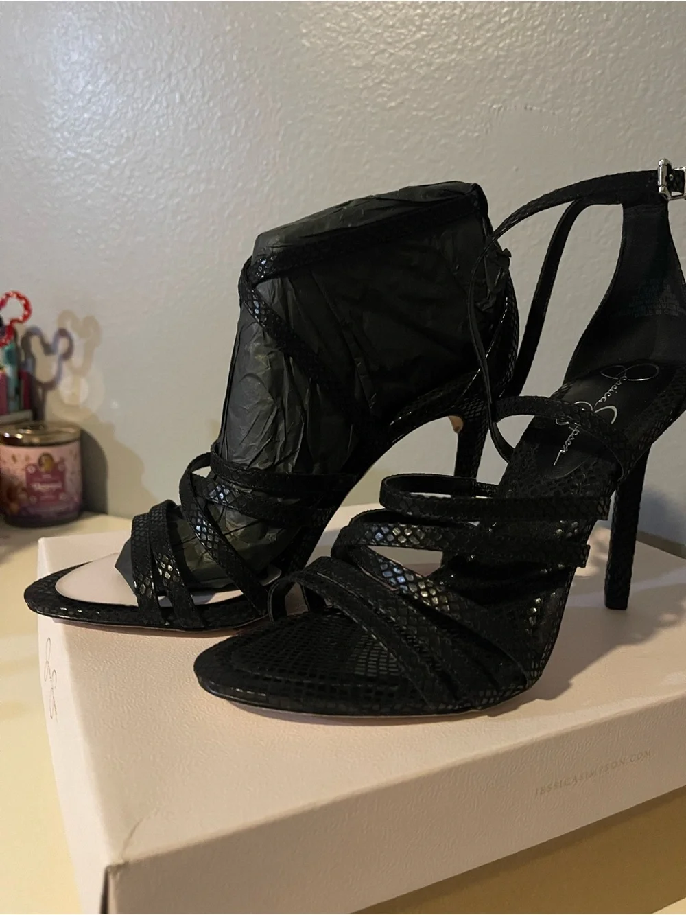 Jessica Simpson Black Strappy Snake-Texture High Heel Sandals